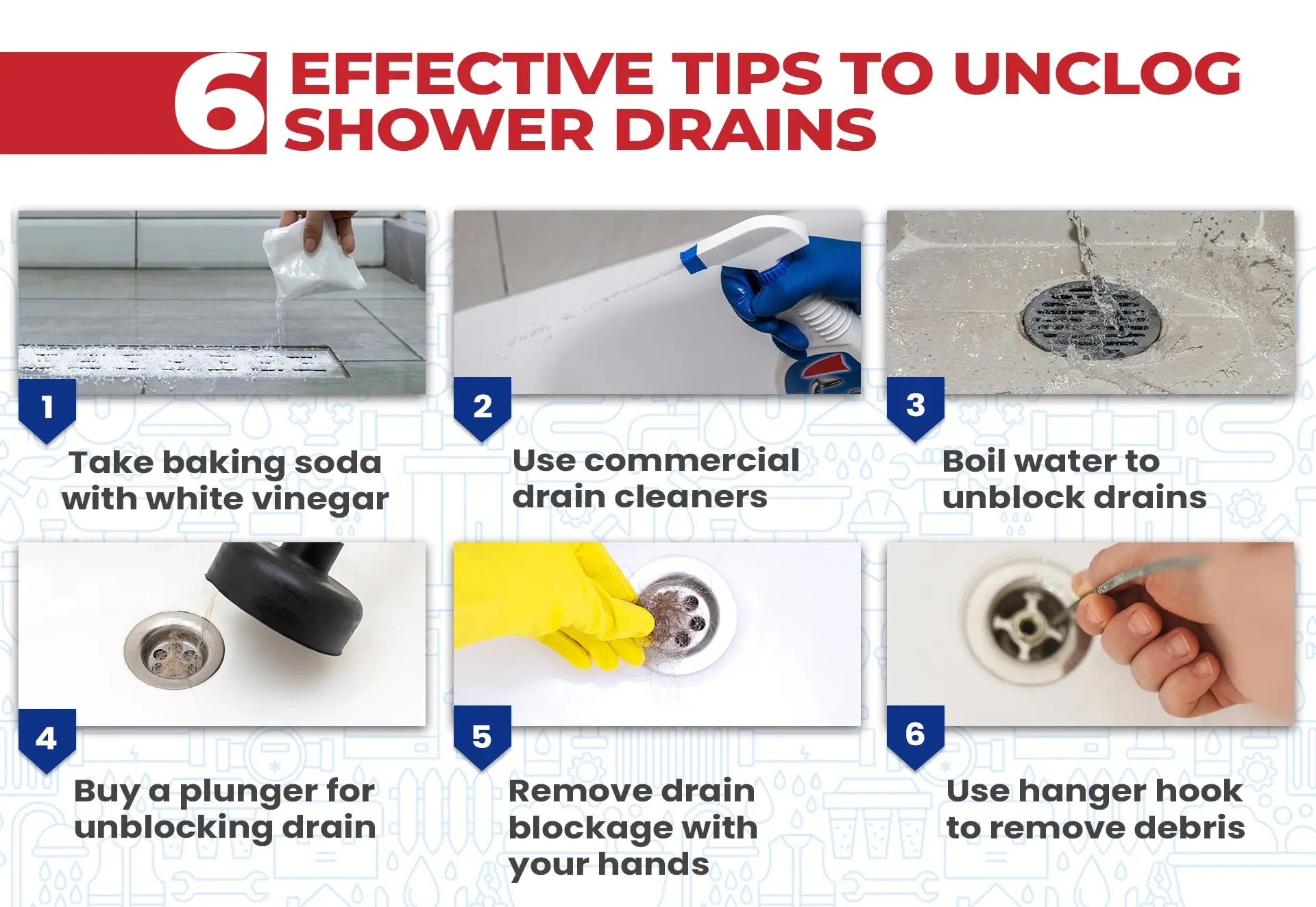 6 Effective Tips to Unclog Shower Drains infographics